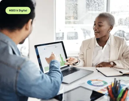 A woman and man in meeting